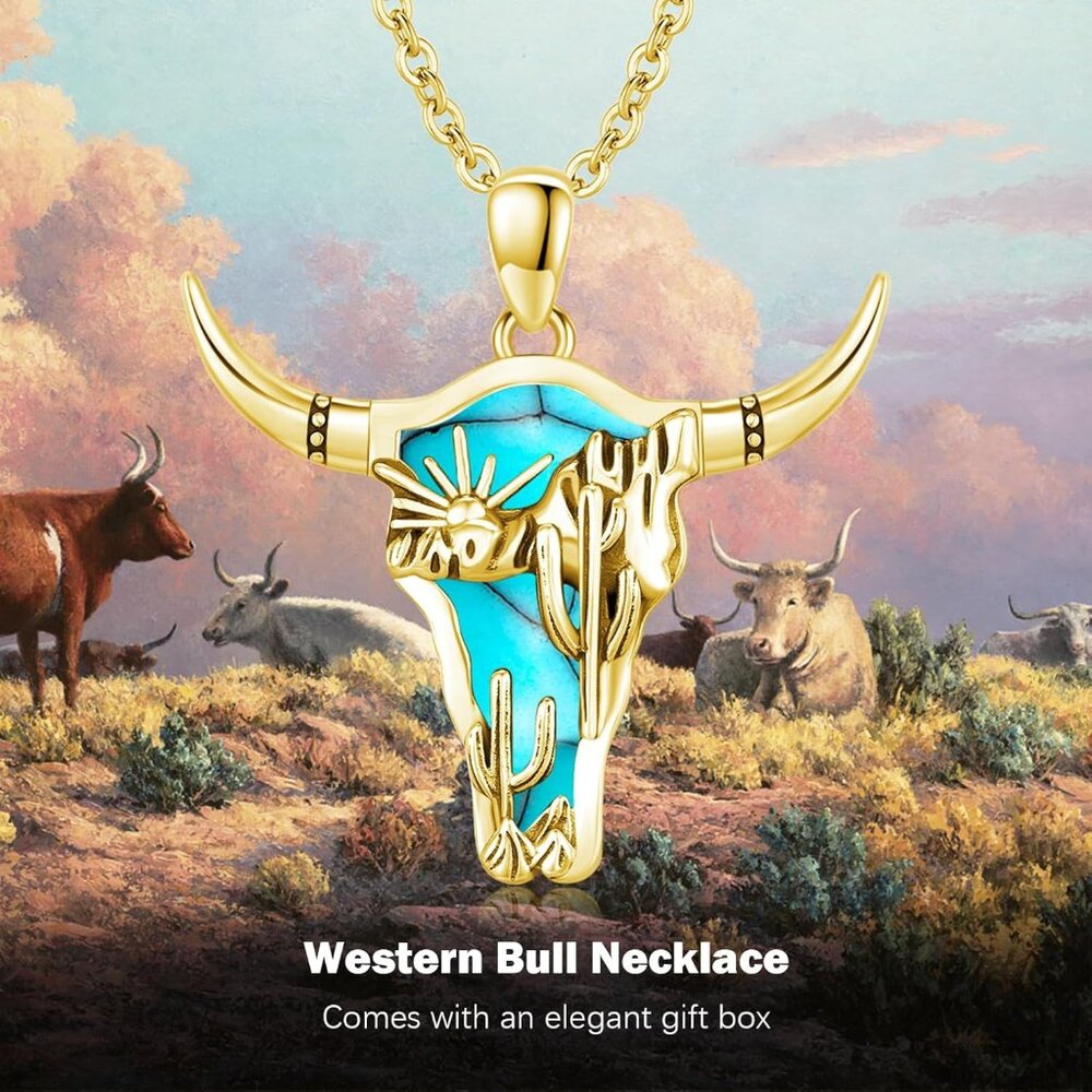 Western Necklace 925 Sterling Silver Turquoise Pendant Highland Cow/Cow Skull/Ha - Picture 7 of 7